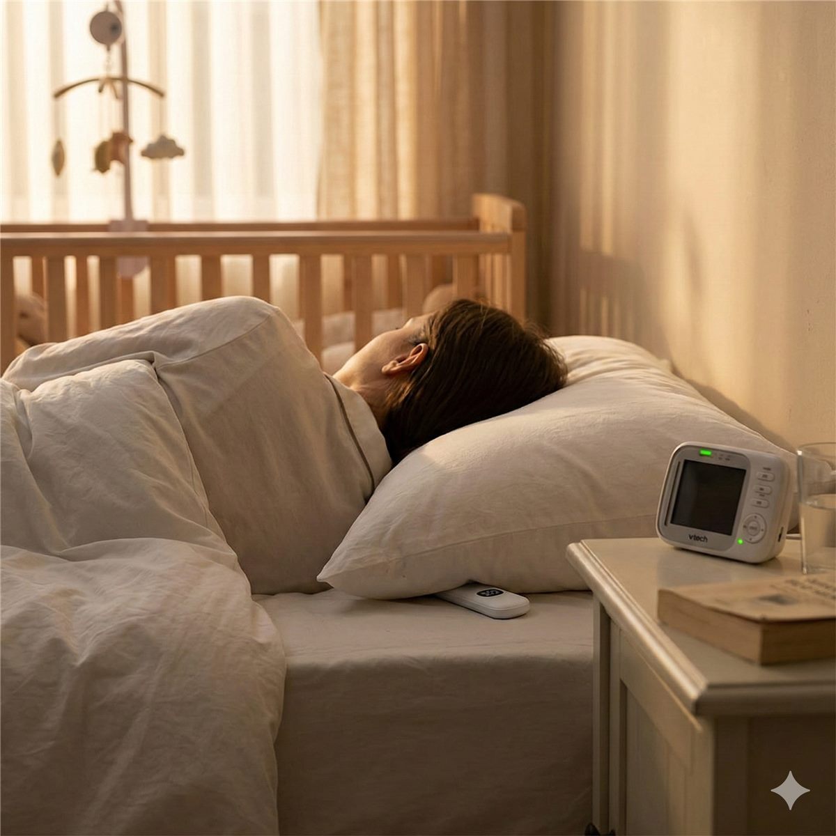 Parent resting near a crib with a baby monitor on the nightstand