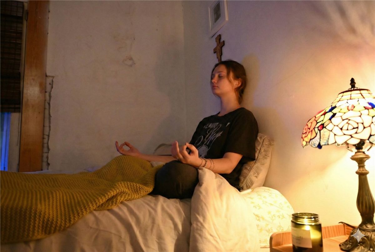 Person meditating calmly in a quiet bedroom