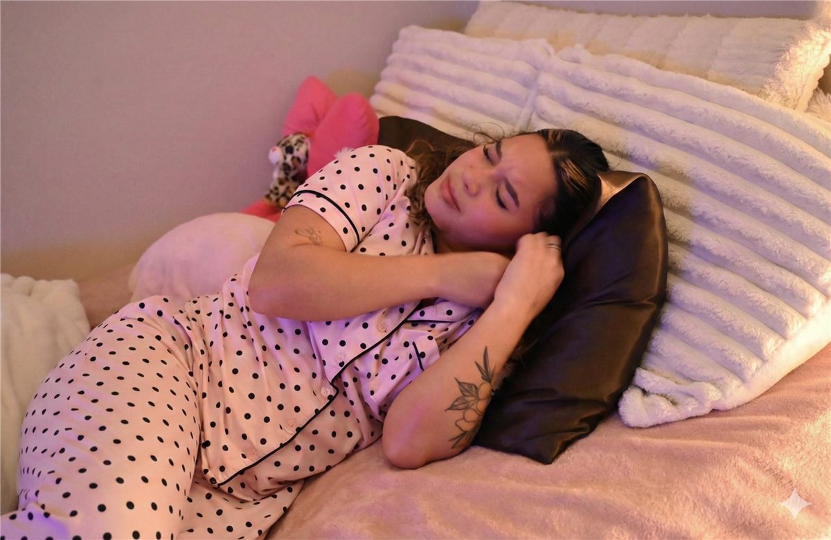 Woman lying awake in bed with a busy mind
