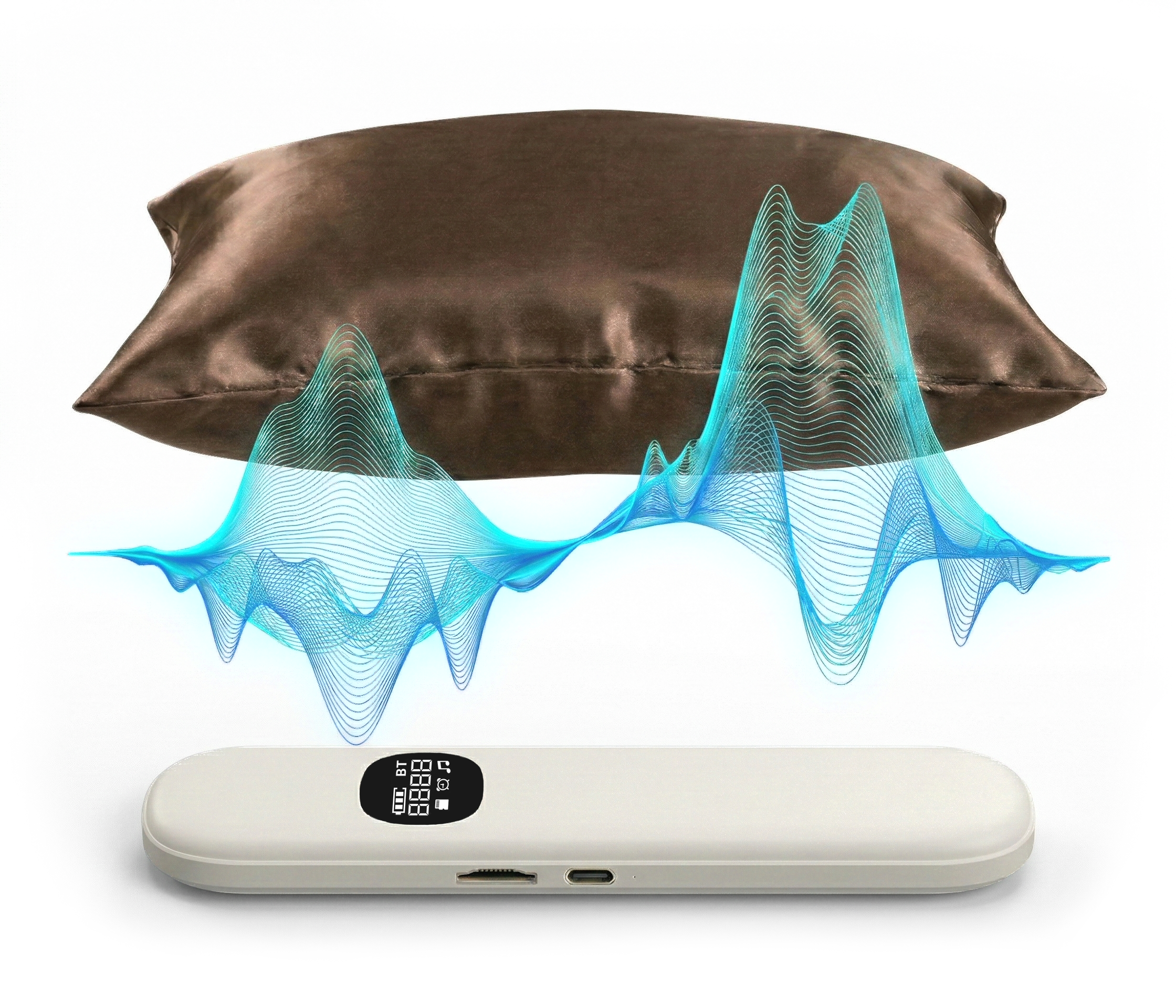 Cross-section showing Lullabar under a pillow sending sound upward to the sleeper