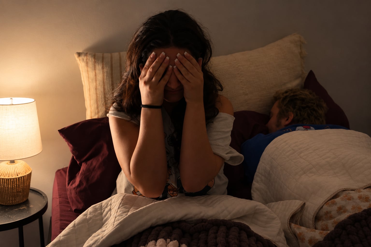 A woman sitting up in bed at night with her face in her hands while her partner sleeps beside her.